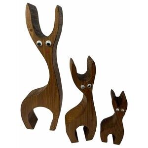 Vintage Set of 3 Hand Crafted Solid Wood Deer Reindeers - 10.5”, 7”, 4.5” Googly